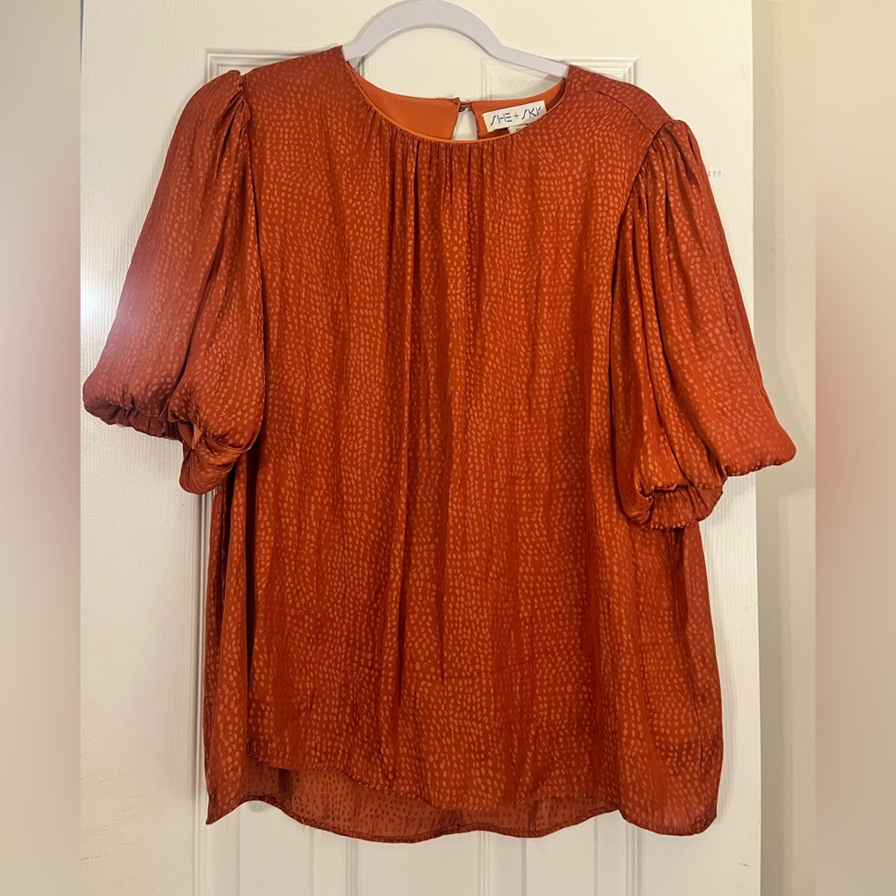 She + Sky Brown and Orange Puff Sleeve Blouse with Relaxed Fit